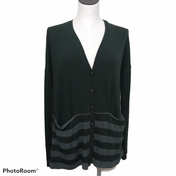 Three Dots Button Front Cardigan Green Stripe Size Medium - Picture 1 of 10